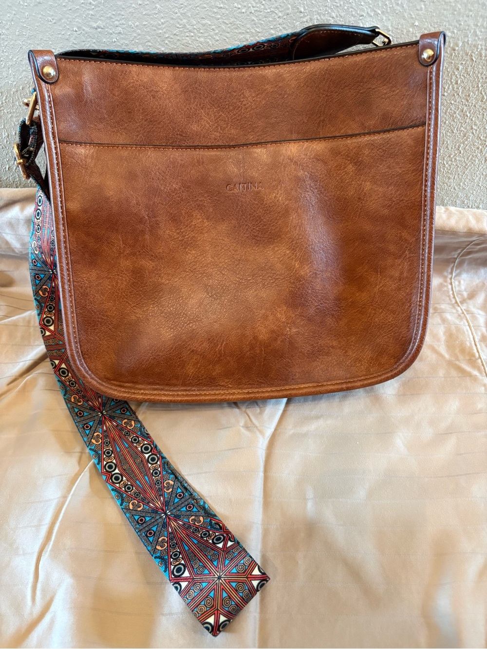 CAITINA  Brown Leather Crossbody Hobo Bag with Guitar Strap